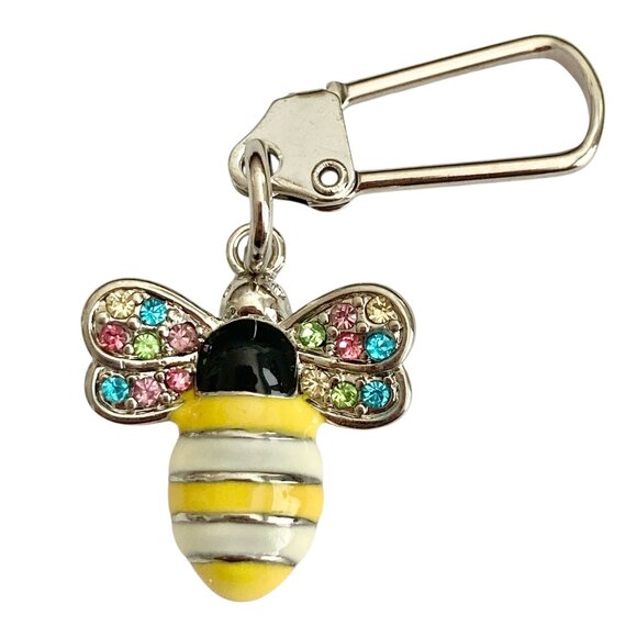 Bumble Bee Zipper Pull Purse Bag Charm Backpack Yellow White Enamel Crystal - Picture 1 of 6